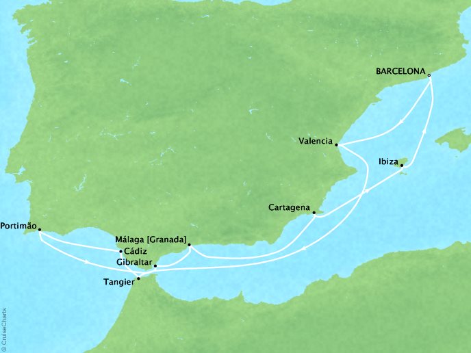 Cruises Seabourn Encore Map Detail Barcelona, Spain to Barcelona, Spain August 5-15 2024 - 10 Days