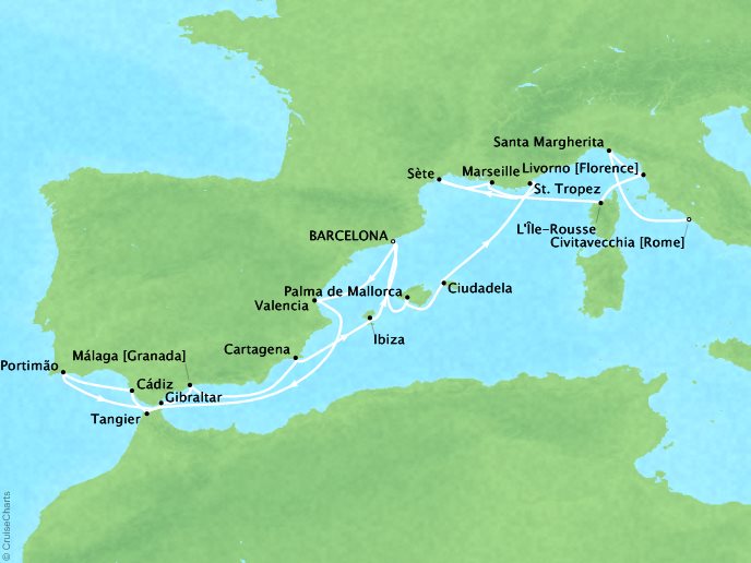 Seaborne Cruises Encore Map Detail Barcelona, Spain to Civitavecchia, Italy August 5-25 2026 - 20 Days