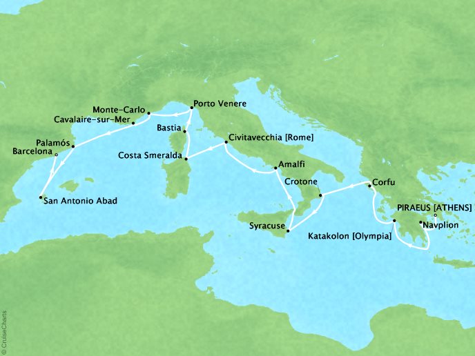 Cruises Seabourn Encore Map Detail Piraeus, Greece to Barcelona, Spain July 1-16 2024 - 15 Days - Schedule 7742A