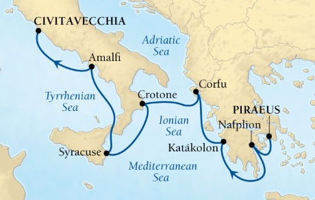 Cruises Seabourn Encore Map Detail Piraeus (Athens), Greece to Rome (Civitavecchia), Italy July 1-8 2017 - 7 Days