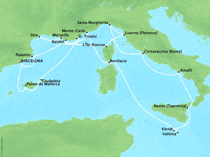Cruises Seabourn Encore Map Detail Barcelona, Spain to Barcelona, Spain July 16 August 5 2024 - 22 Days