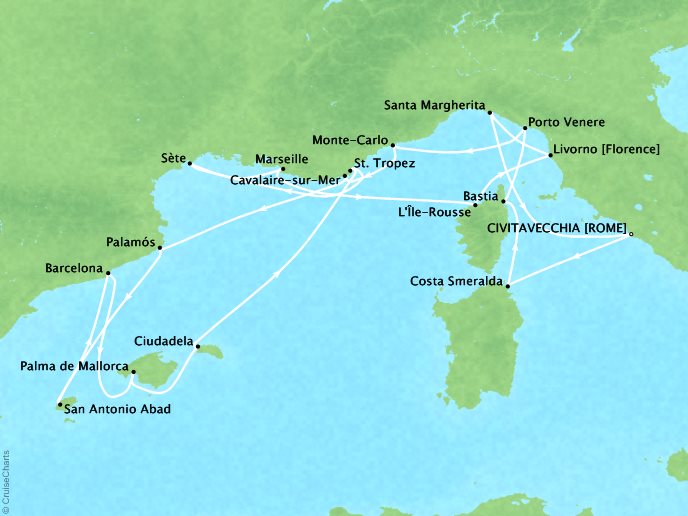 Cruises Seabourn Encore Map Detail Civitavecchia, Italy to Civitavecchia, Italy July 8-26 2024 - 18 Days
