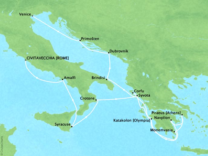Seabourn Cruises Encore Map Detail Civitavecchia (Rome), Italy to Venice, Italy June 10-24 2017 - 14 Days