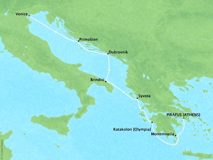 Cruises Seabourn Encore Map Detail Piraeus (Athens), Greece to Venice, Italy June 17-24 2024 - 7 Days