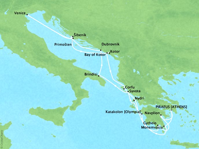 Cruises Seabourn Encore Map Detail Piraeus (Athens), Greece to Piraeus (Athens), Greece June 17 July 1 2017 - 14 Days