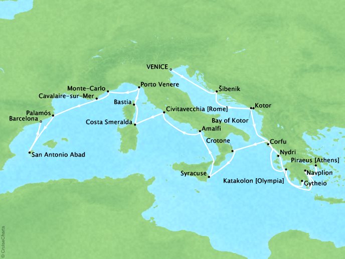 Cruises Seabourn Encore Map Detail Venice, Italy to Barcelona, Spain June 24 July 16 2024 - 22 Days