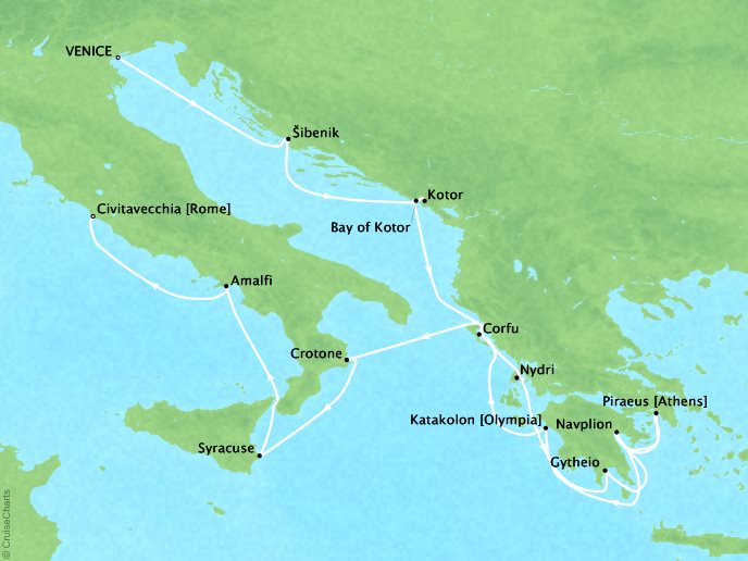 Cruises Seabourn Encore Map Detail Civitavecchia (Rome), Italy to Civitavecchia (Rome), Italy June 24 July 8 2024 - 14 Days - Schedule 7741A