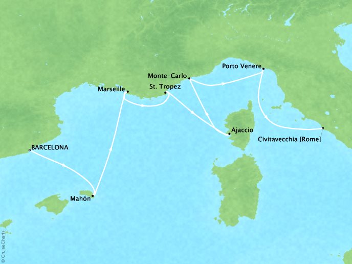 Cruises Seabourn Encore Map Detail Barcelona, Spain to Civitavecchia, Italy May 20-27 2017 - 7 Days - Schedule 7733