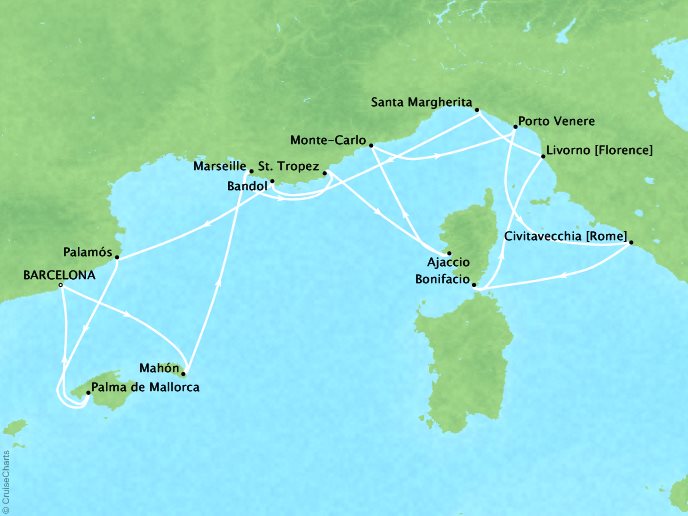 Cruises Seabourn Encore Map Detail Barcelona, Spain to Barcelona, Spain May 20 June 3 2024 - 14 Days - Schedule 7733A