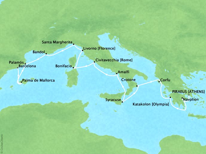 Cruises Seabourn Encore Map Detail Piraeus (Athens), Greece to Barcelona, Spain May 6-20 2024 - 14 Days - Schedule 7731A