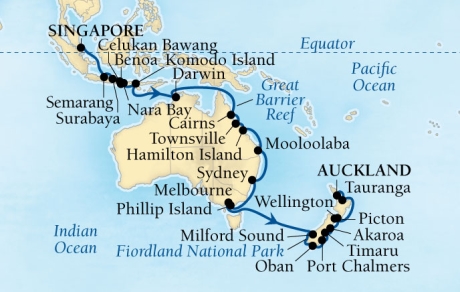 Seaborne Cruises Encore Map Detail Singapore, Singapore to Auckland, New Zealand November 10 December 20 2026 - 40 Days