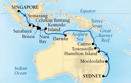 Seabourn Cruises Encore Map Detail Singapore, Singapore to Sydney, Australia November 10 December 4 2017 - 24 Days