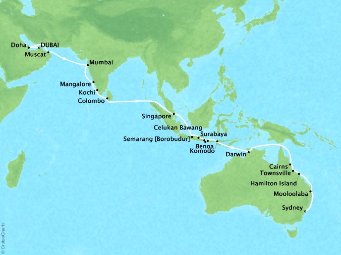 Seaborne Cruises Encore Map Detail Dubai, United Arab Emirates to Sydney, Australia October 25 December 4 2026 - 40 Days