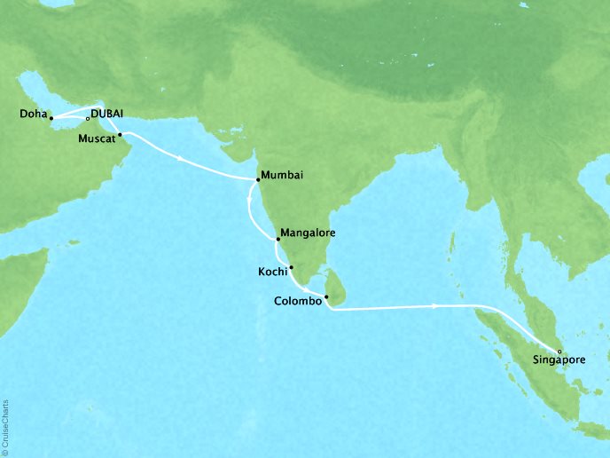 Seabourn Cruises Encore Map Detail Dubai, United Arab Emirates to Singapore, Singapore October 25 November 10 2017 - 16 Days