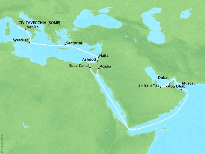 Seaborne Cruises Encore Map Detail Civitavecchia, Italy to Dubai, United Arab Emirates October 4-25 2026 - 21 Days