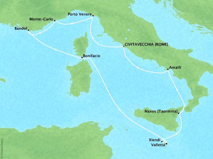 Seabourn Cruises Encore Map Detail Civitavecchia, Italy to Civitavecchia, Italy September 24 October 4 2017 - 10 Days