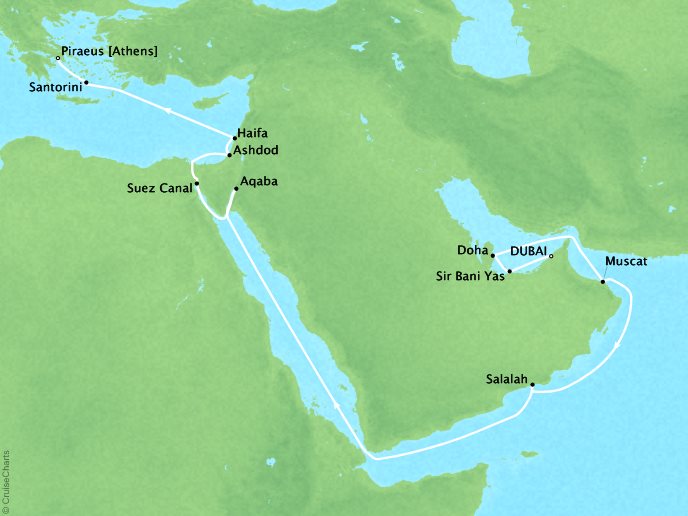 SEABOURNE LUXURY CRUISES Cruises Seabourn Encore Map Detail Dubai, United Arab Emirates to Piraeus, Greece April 9-28 2018 - 19 Days