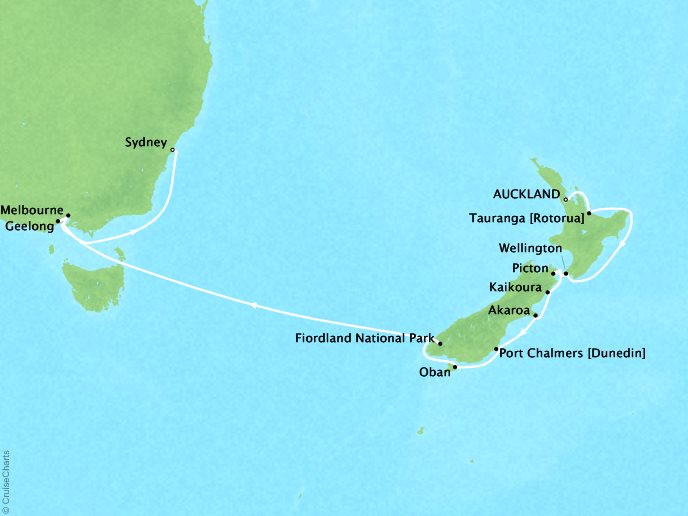 SEABOURNE LUXURY CRUISES Cruises Seabourn Encore Map Detail Auckland, New Zealand to Sydney, Australia February 6-22 2025 - 14 Days