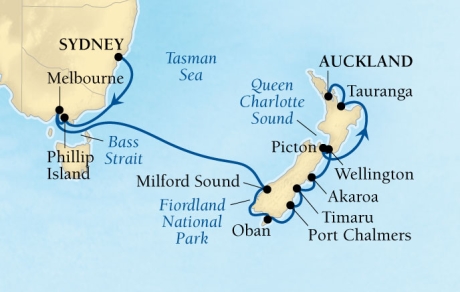 SEABOURNE LUXURY CRUISES Cruises Seabourn Encore Map Detail Sydney, Australia to Auckland, New Zealand January 21 February 6 2025 - 17 Days