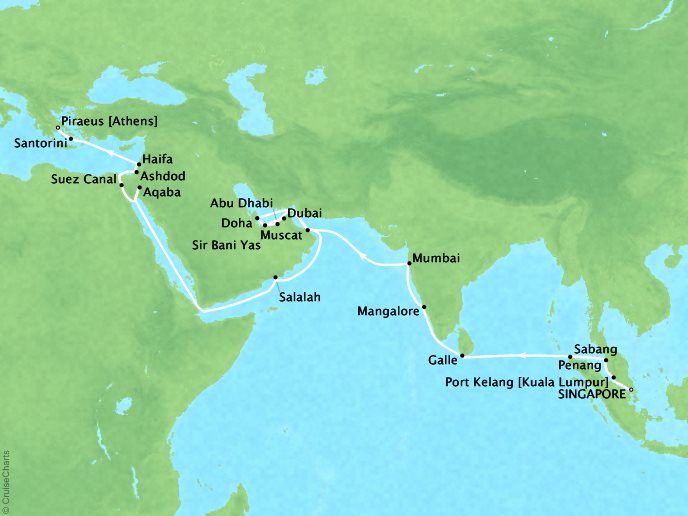 Seabourn Cruises Encore Map Detail Singapore, Singapore to Piraeus, Greece March 22 April 28 2018 - 38 Days