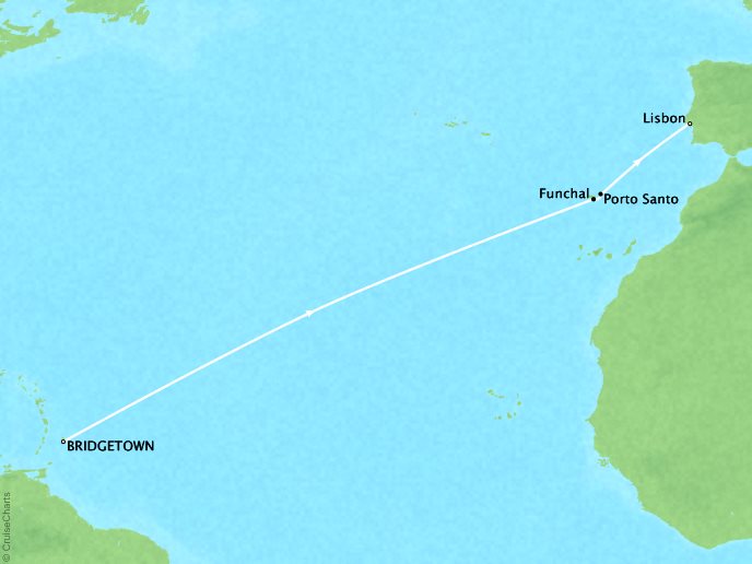 SEABOURNE LUXURY CRUISES Cruises Seabourn Odyssey Map Detail Bridgetown, Barbados to Lisbon, Portugal April 14-25 2025 - 12 Days