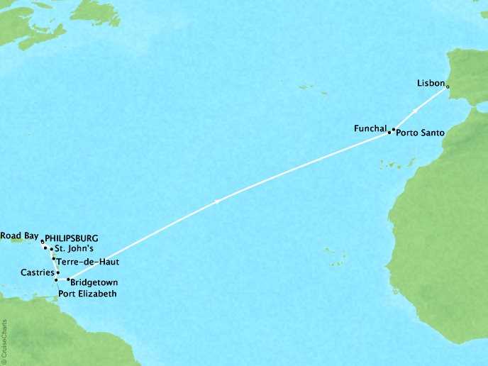 SEABOURNE LUXURY CRUISES Cruises Seabourn Odyssey Map Detail Philipsburg, Sint Maarten to Lisbon, Portugal April 7-25 2025 - 19 Days