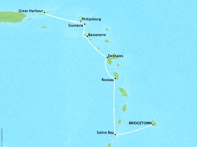 SEABOURNE LUXURY CRUISES Cruises Seabourn Odyssey Map Detail Bridgetown, Barbados to Philipsburg, Sint Maarten February 17-24 2025 - 7 Days