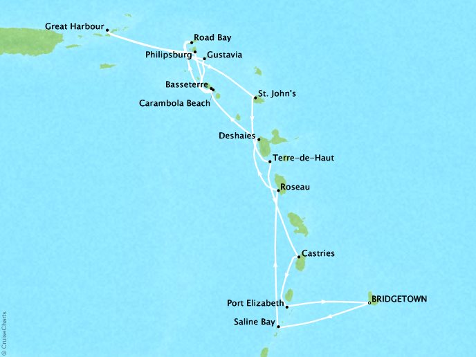 SEABOURNE LUXURY CRUISES Cruises Seabourn Odyssey Map Detail Bridgetown, Barbados to Bridgetown, Barbados February 17 March 3 2025 - 15 Days