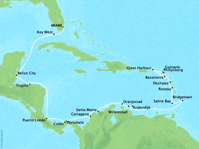 Just Seabourn World Cruises Odyssey Map Detail Miami, FL, United States to Philipsburg, Sint Maarten January 18 February 10 2024 - 24 Days