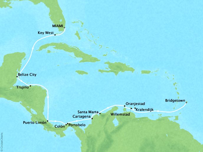 SEABOURNE LUXURY CRUISES Cruises Seabourn Odyssey Map Detail Miami, FL, United States to Bridgetown, Barbados January 18 February 3 2025 - 17 Days