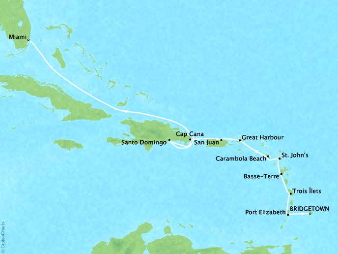 Seabourn Cruises Odyssey Map Detail Bridgetown, Barbados to Miami, FL, United States January 6-18 2018 - 12 Days