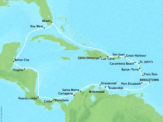 SEABOURNE LUXURY CRUISES Cruises Seabourn Odyssey Map Detail Bridgetown, Barbados to Bridgetown, Barbados January 6 February 3 2025 - 29 Days