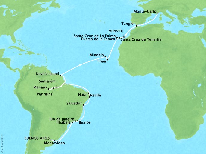 SEABOURNE LUXURY CRUISES Cruises Seabourn Quest Map Detail Buenos Aires, Argentina to Monte Carlo, Monaco February 24 April 10 2025 - 45 Days - Schedule 6820A
