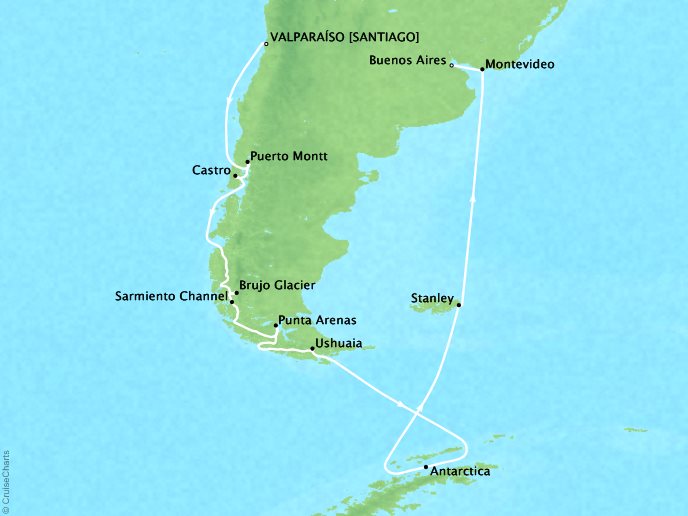 SEABOURNE LUXURY CRUISES Cruises Seabourn Quest Map Detail Valparaiso (Santiago), Chile to Buenos Aires, Argentina February 3-24 2025 - 21 Days - Schedule 6816