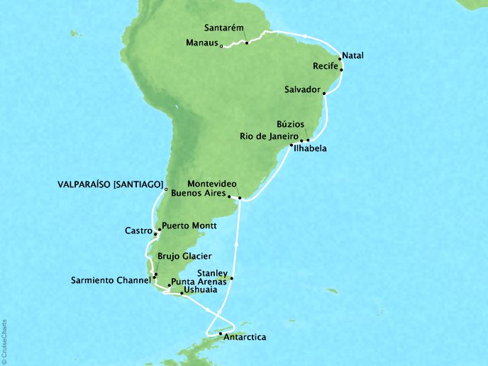 SEABOURNE LUXURY CRUISES Cruises Seabourn Quest Map Detail Valparaiso (Santiago), Chile to Manaus, Brazil February 3 March 17 2025 - 42 Days - Schedule 6816A