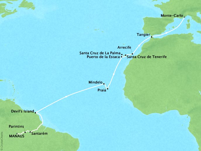 Just Seabourn World Cruises Quest Map Detail Manaus, Brazil to Monte Carlo, Monaco March 17 April 10 2024 - 24 Days - Voyage 6823
