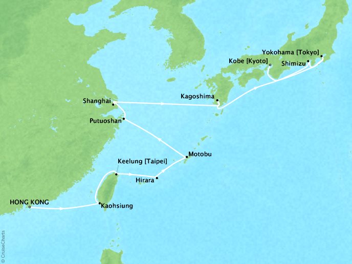 Cruises Seabourn Sojourn Map Detail Hong Kong, China to Kobe, Japan April 23 May 11 2024 - 18 Days - Schedule 5723