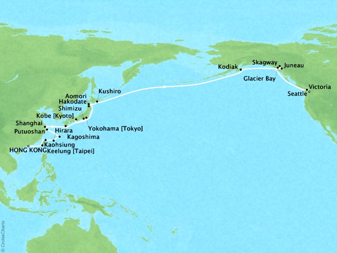 Cruises Seabourn Sojourn Map Detail Hong Kong, China to Seattle, Washington, US April 23 May 31 2024 - 39 Days - Schedule 5723A