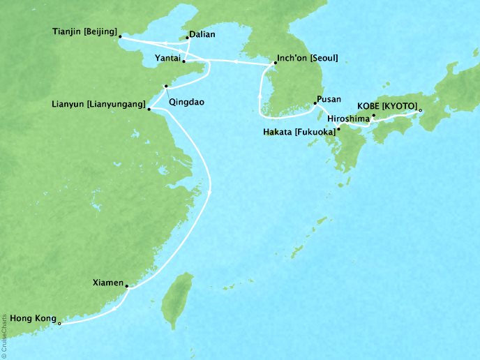 Seabourn Cruises Sojourn Map Detail Kobe, Japan to Hong Kong, China April 5-23 2017 - 18 Days - Voyage 5722