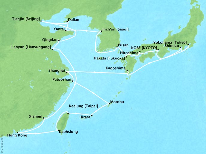 Cruises Seabourn Sojourn Map Detail Kobe, Japan to Kobe, Japan April 5 May 11 2017 - 36 Days - Schedule 5722A