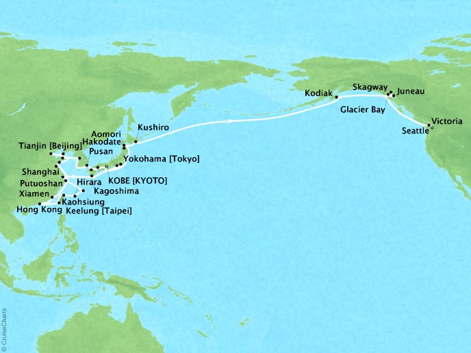 Cruises Seabourn Sojourn Map Detail Kobe, Japan to Seattle, Washington, US April 5 May 31 2024 - 57 Days - Schedule 5722B