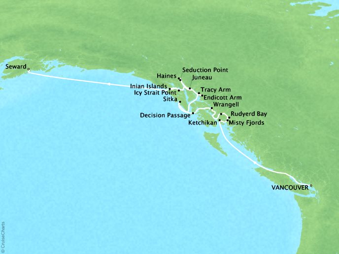 Cruises Seabourn Sojourn Map Detail Vancouver, B.C., CA to Seward (Anchorage), Alaska, US August 15-26 2017 - 11 Days - Schedule 5744
