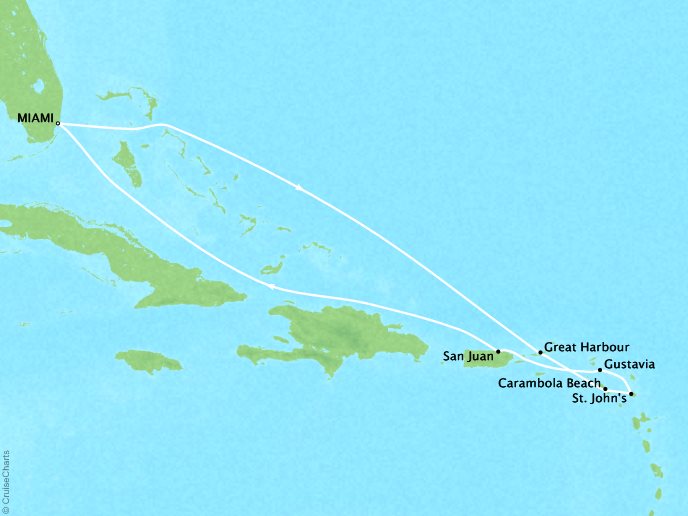Cruises Seabourn Sojourn Map Detail Miami, FL, United States to Miami, FL, United States December 11-21 2024 - 10 Days