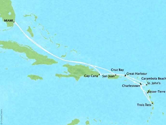 Seaborne Cruises Sojourn Map Detail Miami, FL, United States to Miami, FL, United States December 21 2026 January 4 2024 - 15 Days