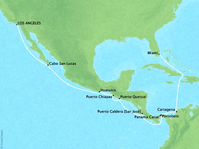 Cruises Seabourn Sojourn Map Detail Los Angeles, CA, United States to Miami, FL, United States November 15 December 3 2017 - 19 Days
