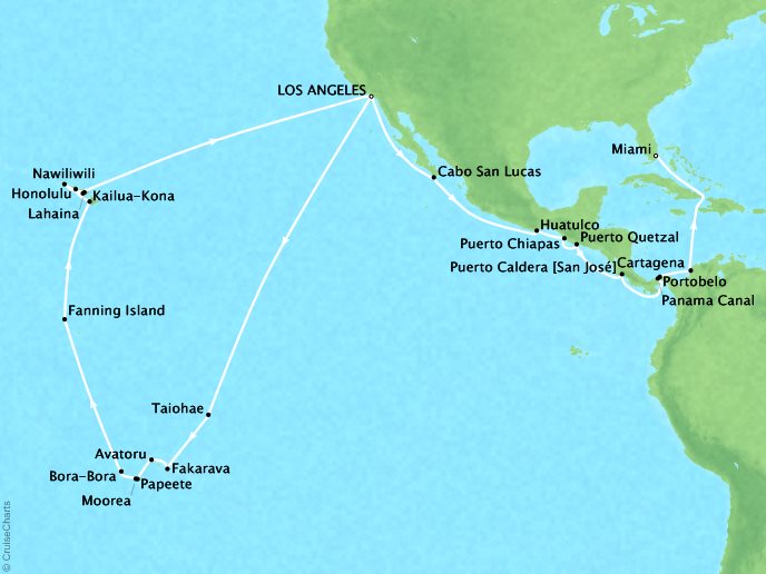 Seabourn Cruises Sojourn Map Detail Los Angeles, CA, United States to Miami, FL, United States October 14 December 3 2017 - 51 Days