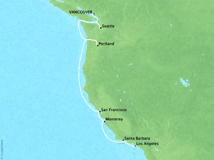 Cruises Seabourn Sojourn Map Detail Vancouver, Canada to Los Angeles, CA, United States October 3-14 2024 - 11 Days