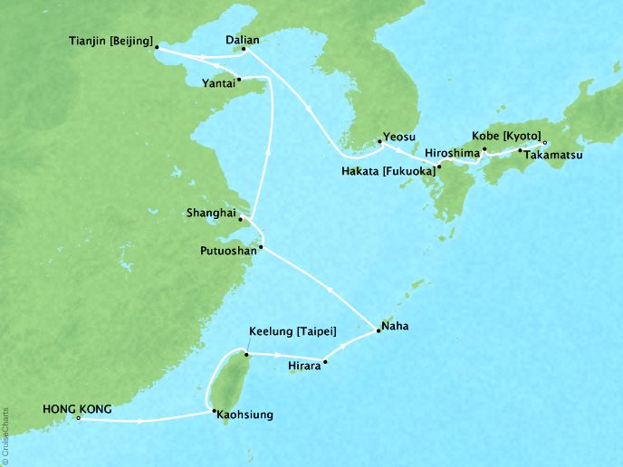 Seabourn Cruises Sojourn Map Detail Hong Kong, China to Kobe, Japan April 24 May 15 2018 - 22 Days