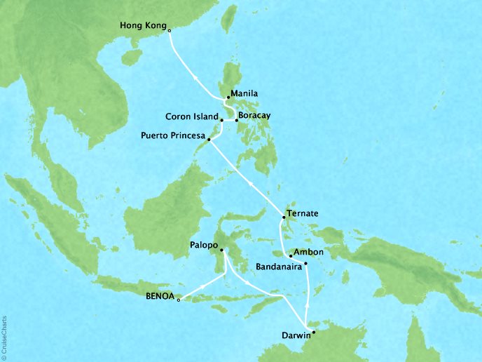 Just Seabourn World Cruises Sojourn Map Detail Benoa (Bali), Indonesia to Hong Kong, China April 4-24 2024 - 20 Days