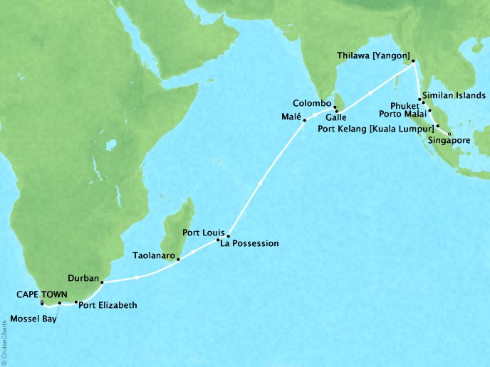 SEABOURNE LUXURY CRUISES Cruises Seabourn Sojourn Map Detail Cape Town, South Africa to Singapore, Singapore February 11 March 19 2025 - 37 Days